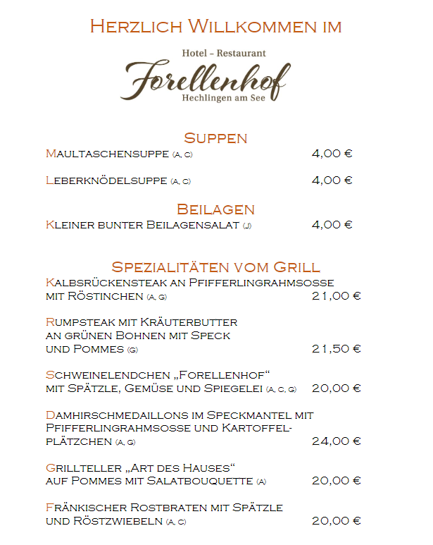 Speisekarte - Forellenhof